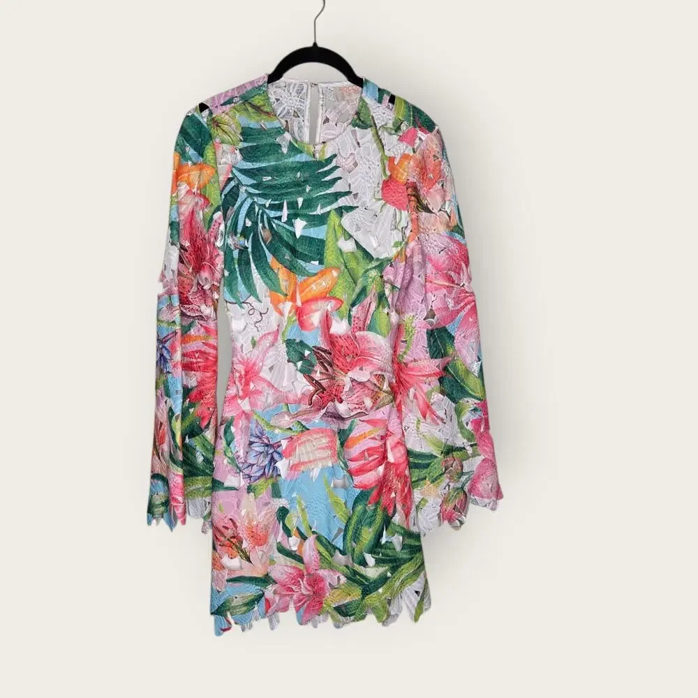 Rococo Sand Long Sleeve Tropical Floral Mini Dress Open Back Women's Small